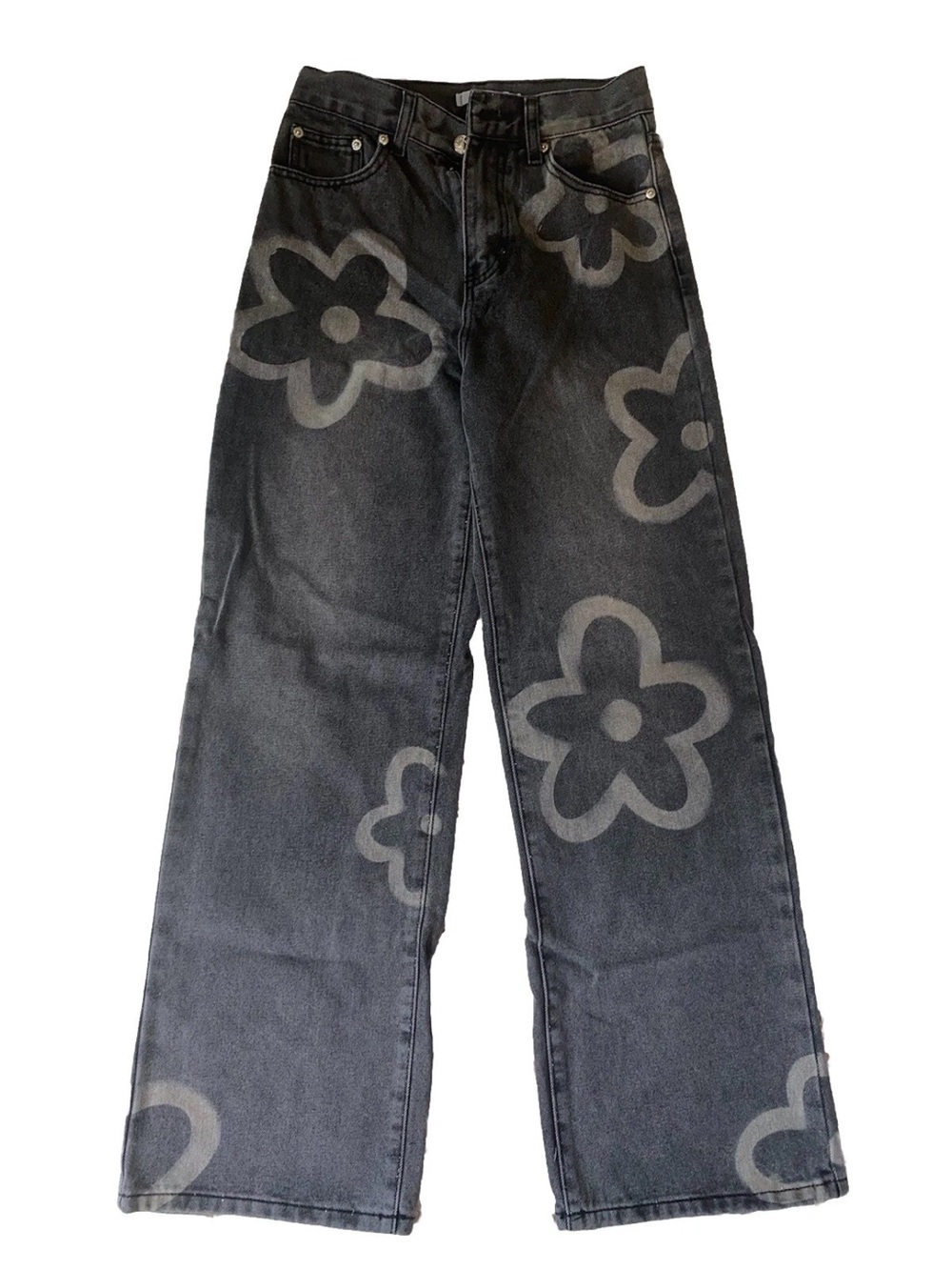 Adika Black Wide-Leg Jeans with Gray Floral Print